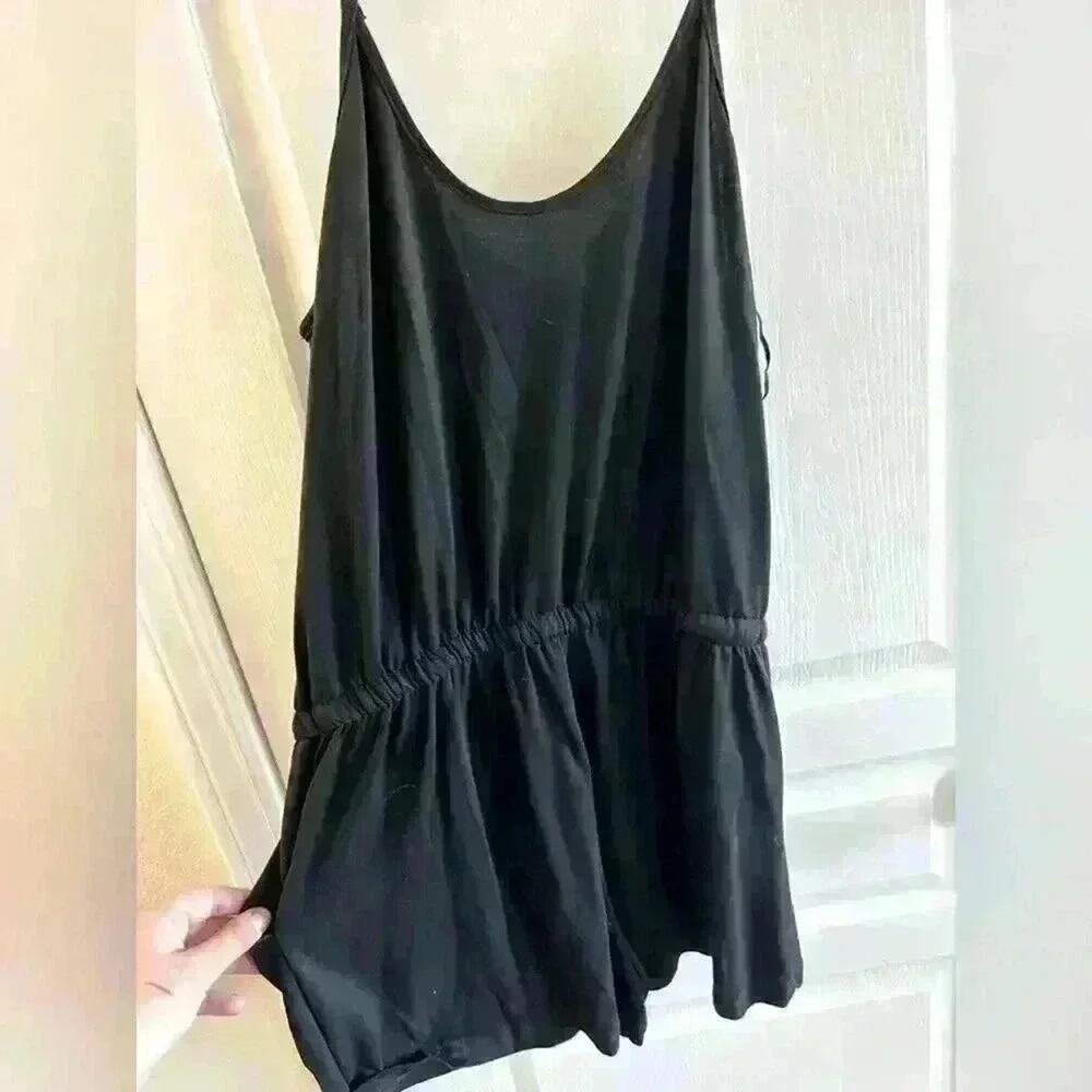 NWT Romper, Black Button-Front, Rayon Viscose Spandex, Drawstring Casual Lounge - Picture 5 of 7